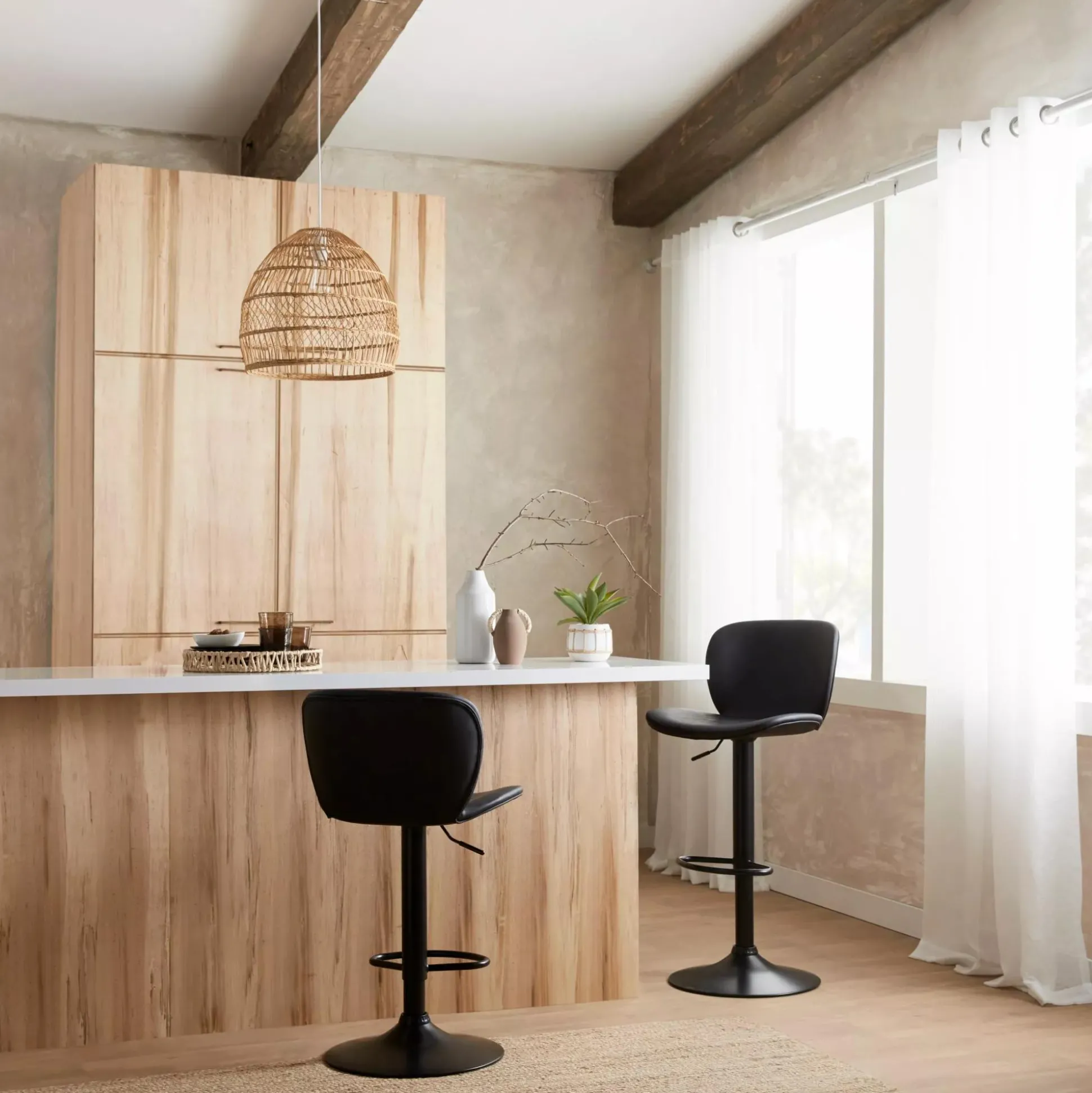 Black Textured Faux Leather & Metal Adjustable Bar Stool