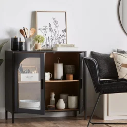 Black Wooden Buffet with Glass Doors