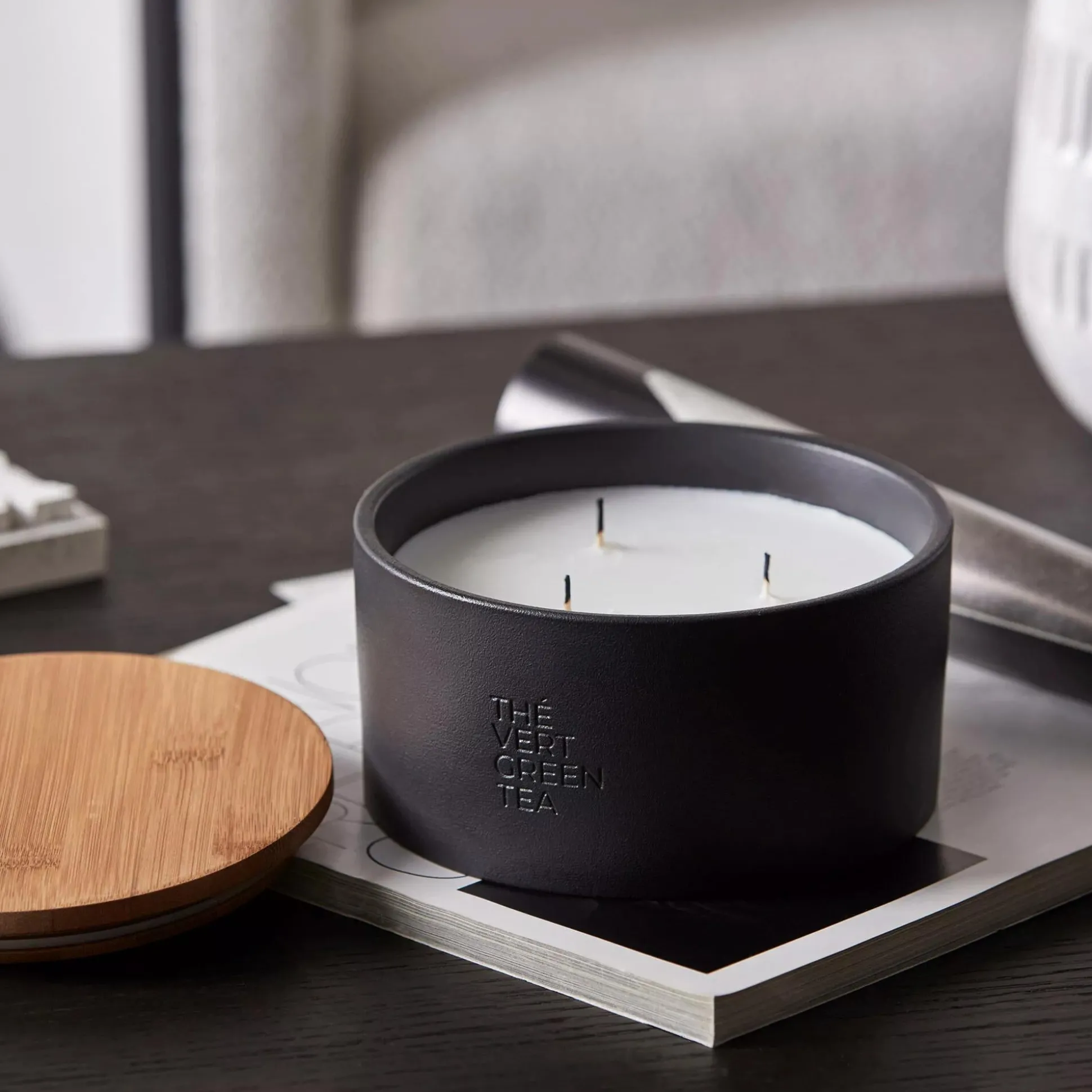 Bouclair Green Tea Candle with Wooden Lid