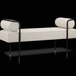 Fabric and Black Metal Bench