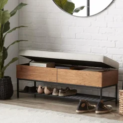 Fabric Wood and Metal Storage Bench with Shoe Rack