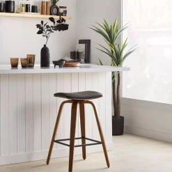 Faux Leather and Walnut Wood Backless Stool