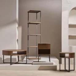 Metal and Walnut Veneer Round Coffee Table