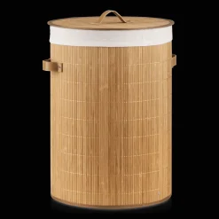 Round Bamboo Hamper with Lining and Faux Leather Handles