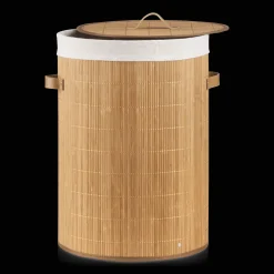 Round Bamboo Hamper with Lining and Faux Leather Handles