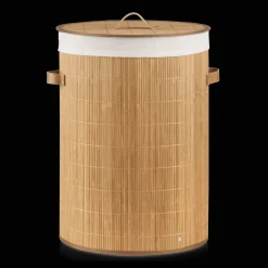 Round Bamboo Hamper with Lining and Faux Leather Handles