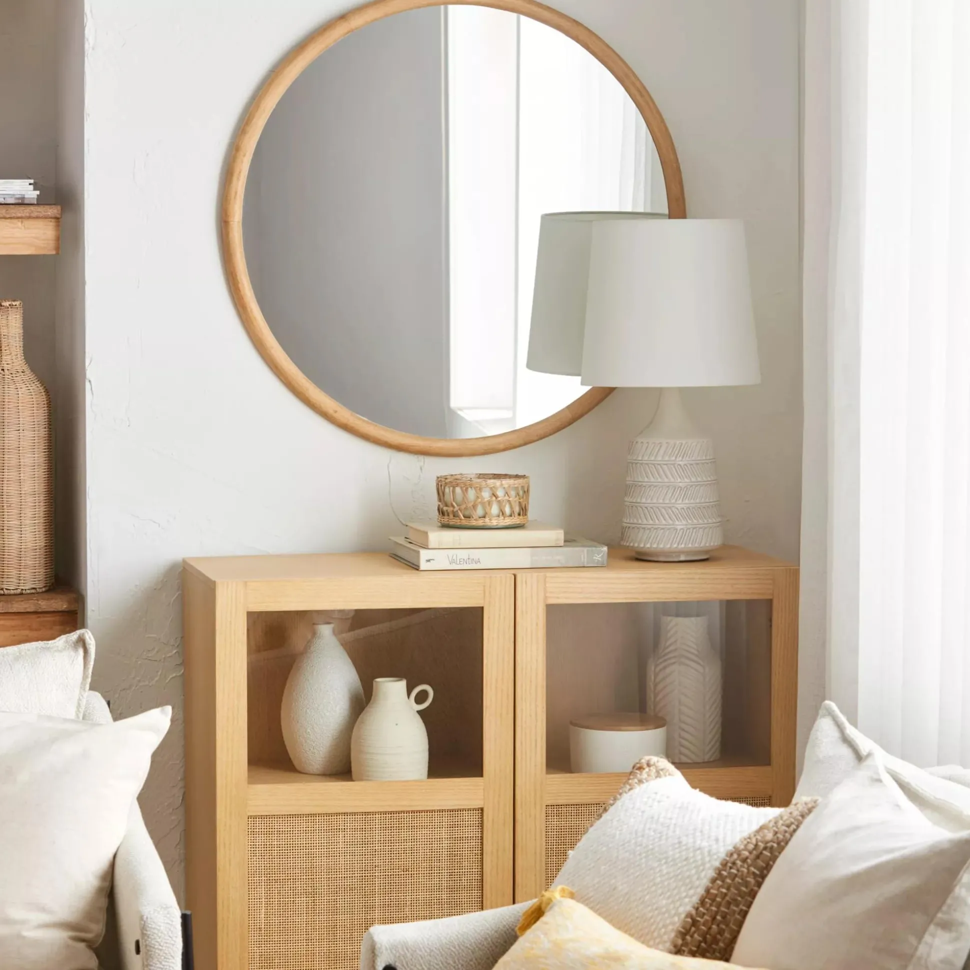 Round Wood-Framed Mirror